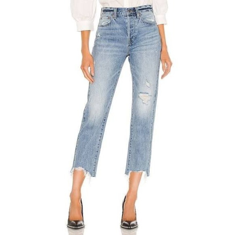 Pistola Denim Jeans Women 27 Blue Distressed Raw Hem High Rise Straight Leg